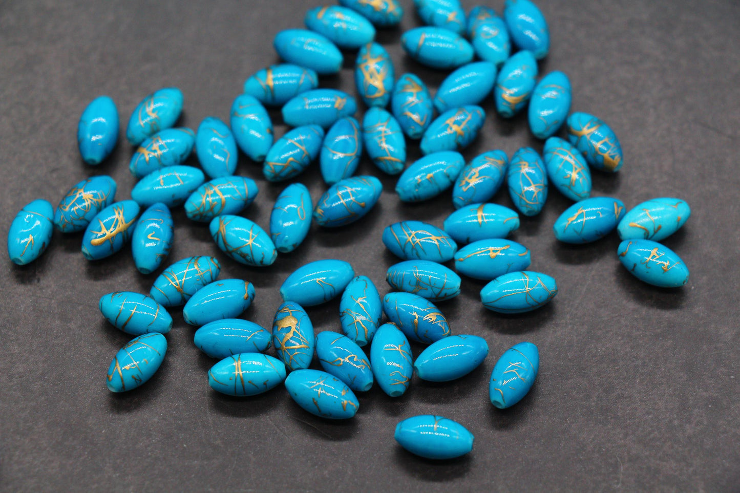 Blue Oval Beads with Gold Veins, Oval Spacer Beads for Jewelry Making #2910