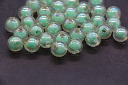 12mm Iridescent Gumball Beads, AB Clear Beads with Mint Green Core #2915