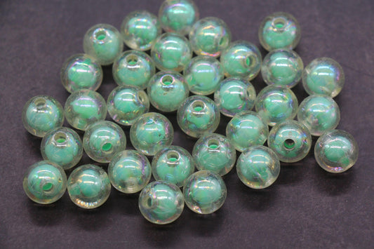 12mm Iridescent Gumball Beads, AB Clear Beads with Mint Green Core #2915