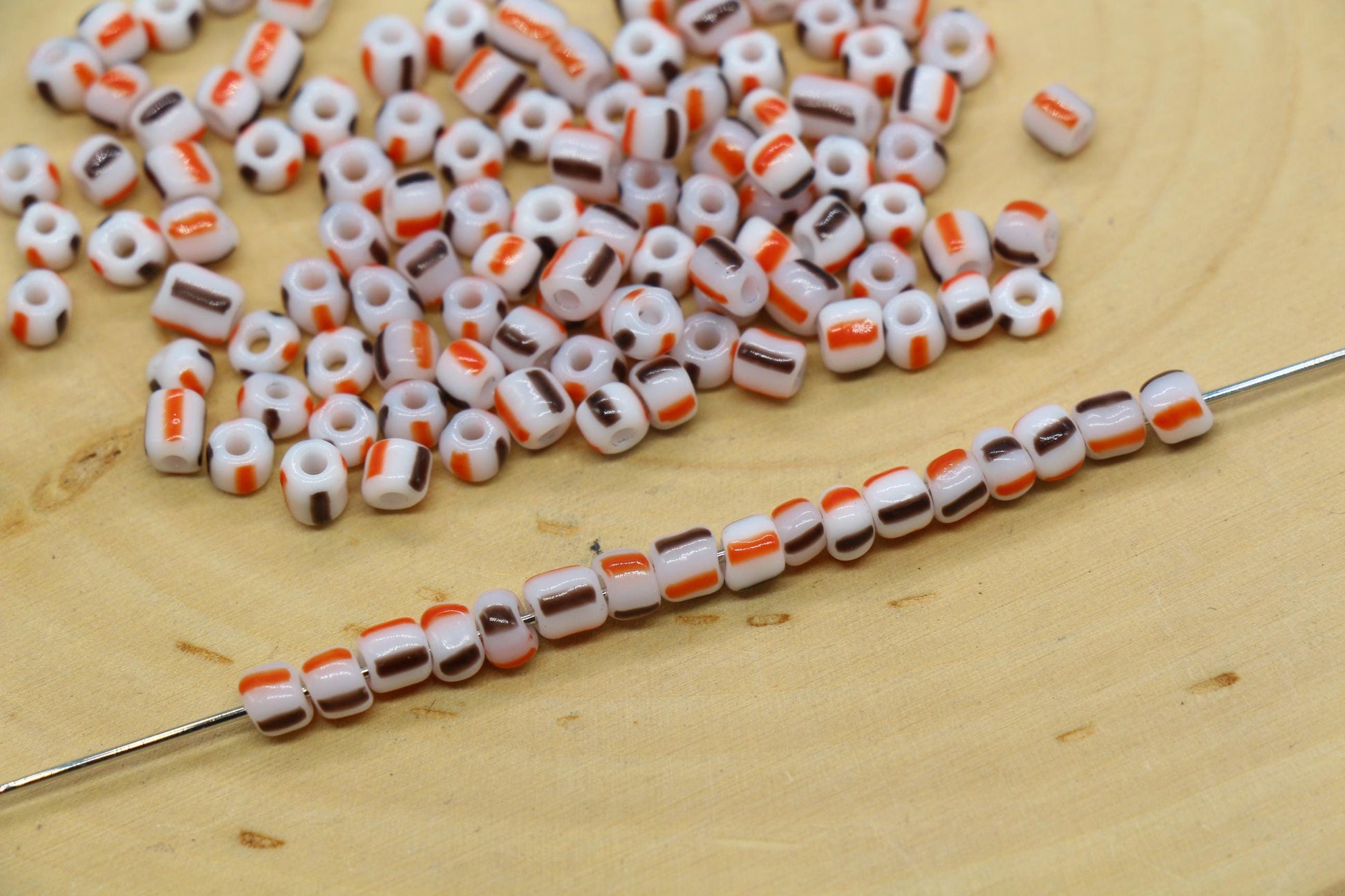 4mm White Orange Brown Mix Stripe Glass Beads, Glass Spacer Beads for Jewelry Making #3729