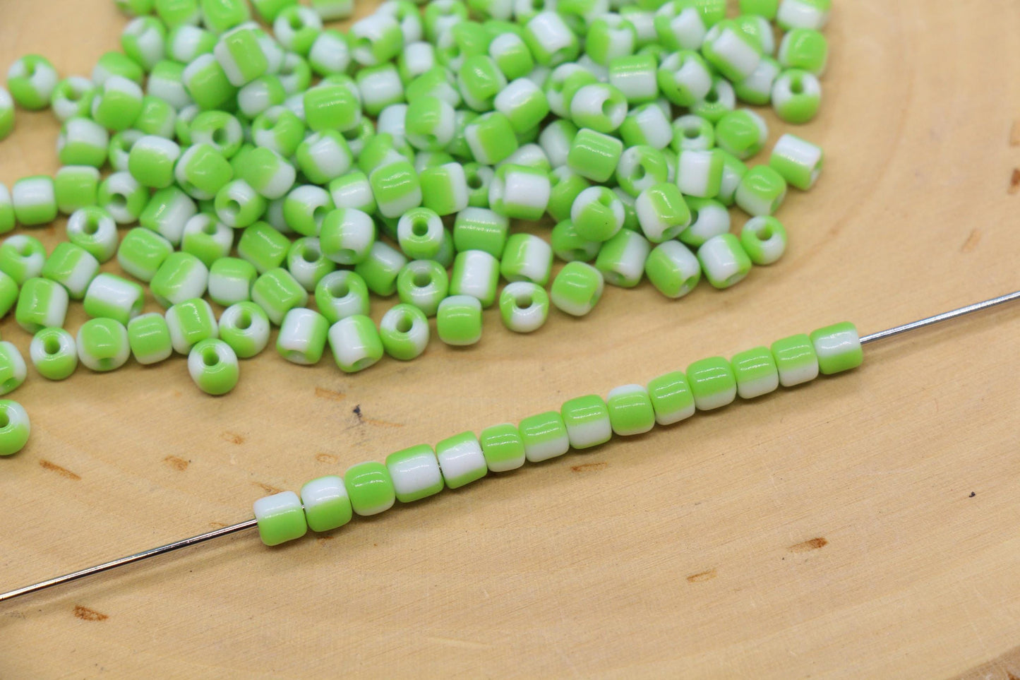 4mm Green & White Stripe Glass Beads, Glass Spacer Beads for Jewelry Making #3737