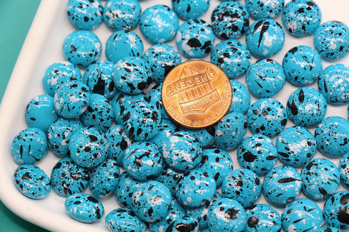 Turquoise Speckled Round Beads, Paint Splatter Plastic Beads #2032