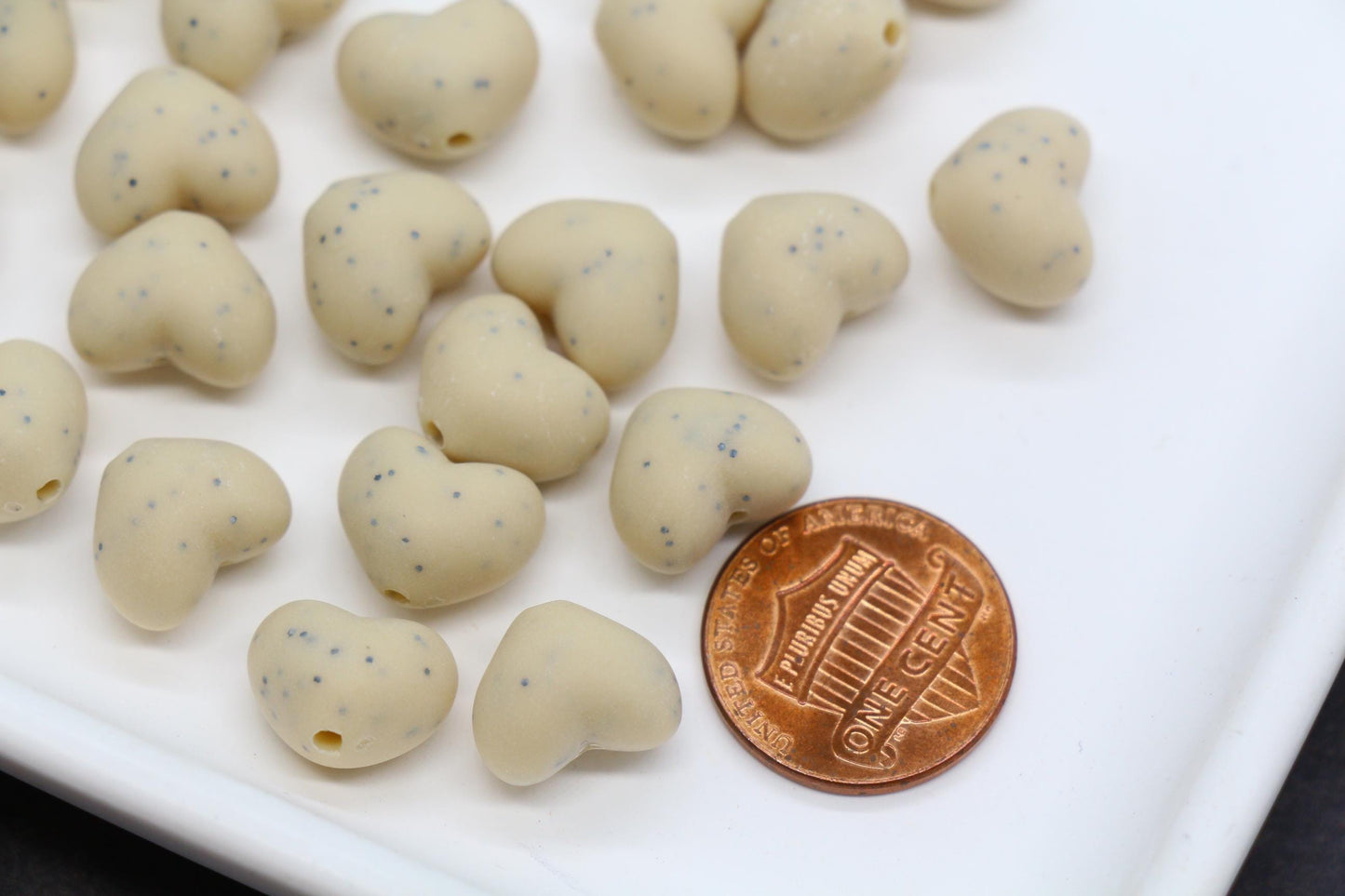 12mm Speckled Cream Heart Beads, Jewelry Making Supplies #3908