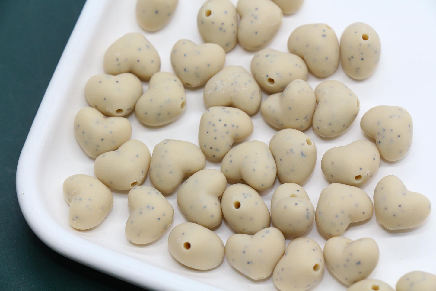 12mm Speckled Cream Heart Beads, Jewelry Making Supplies #3908