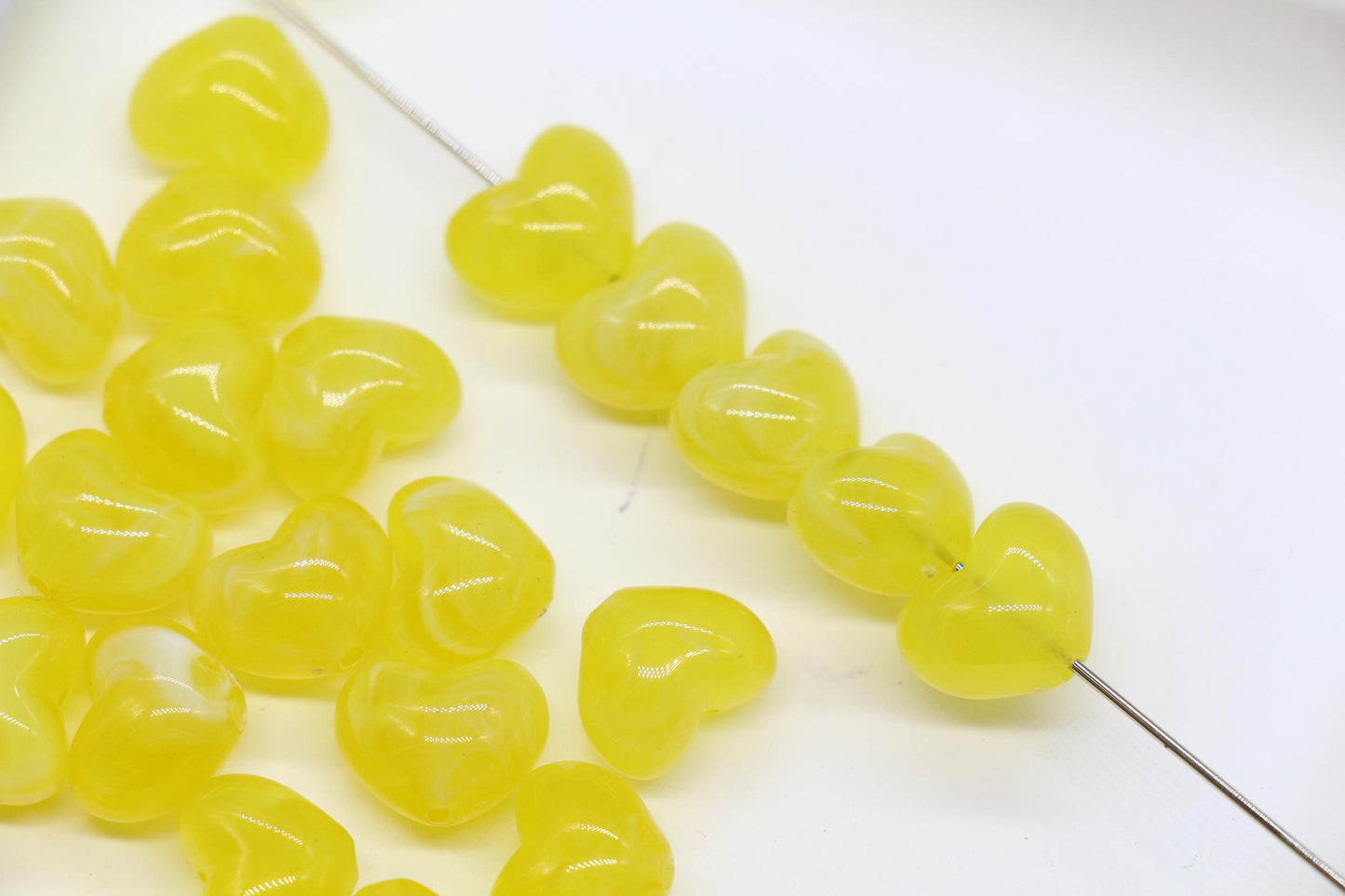 12mm Lemon Yellow Marbled Heart Beads, Jewelry Making Supplies #3907
