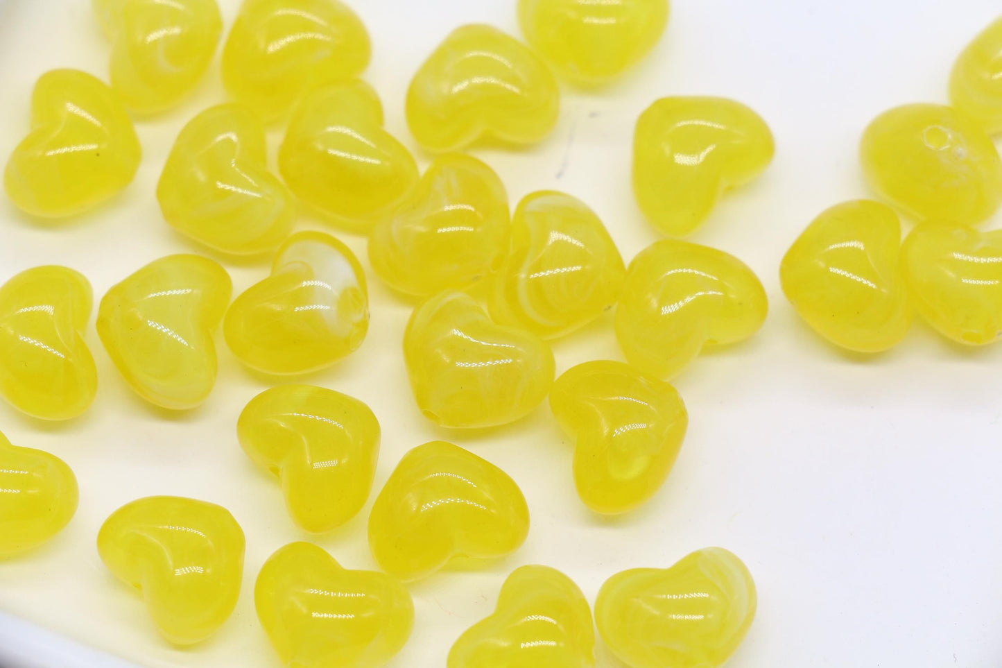 12mm Lemon Yellow Marbled Heart Beads, Jewelry Making Supplies #3907