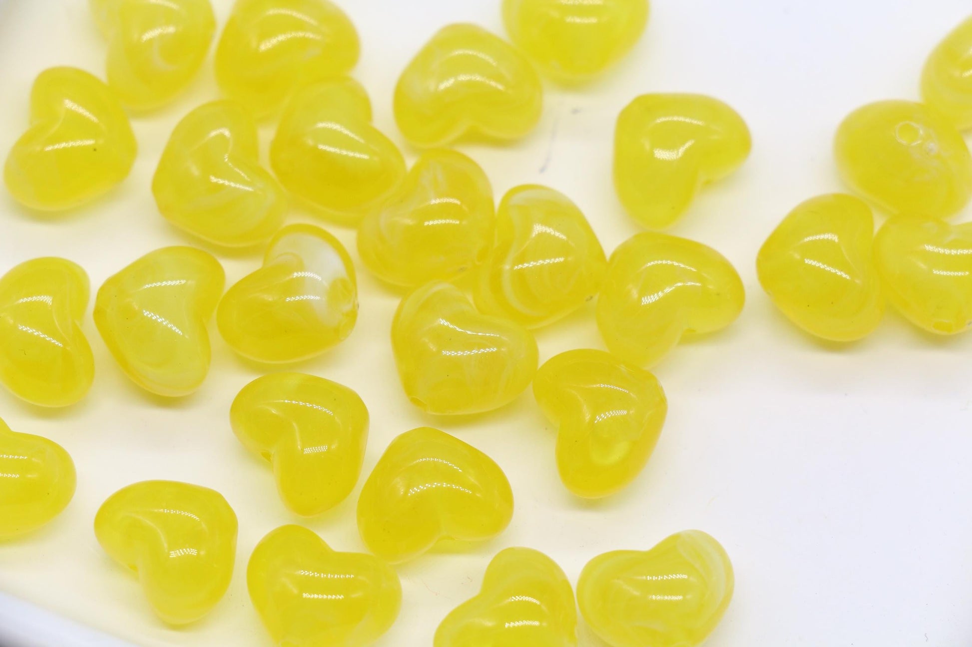 12mm Lemon Yellow Marbled Heart Beads, Jewelry Making Supplies #3907