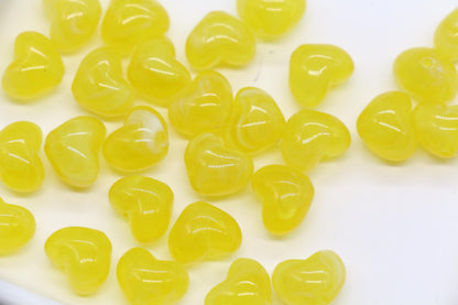 12mm Lemon Yellow Marbled Heart Beads, Jewelry Making Supplies #3907