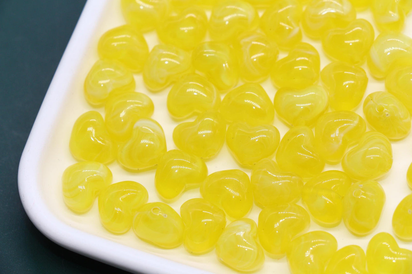 12mm Lemon Yellow Marbled Heart Beads, Jewelry Making Supplies #3907