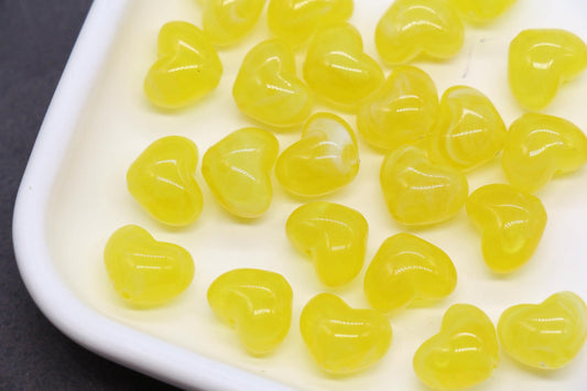 12mm Lemon Yellow Marbled Heart Beads, Jewelry Making Supplies #3907