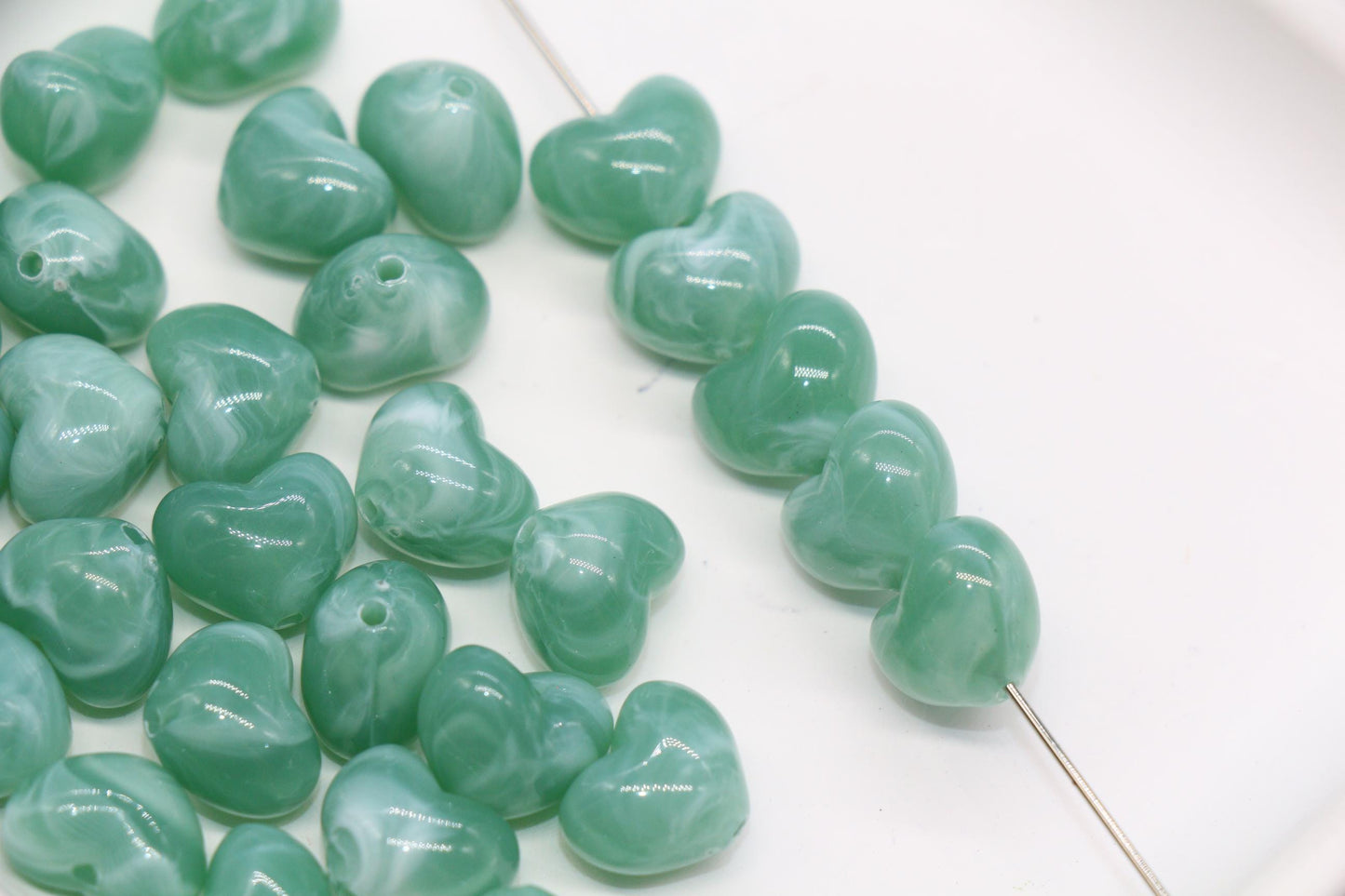 12mm Sage Green Marbled Heart Beads, Jewelry Making Supplies #3902