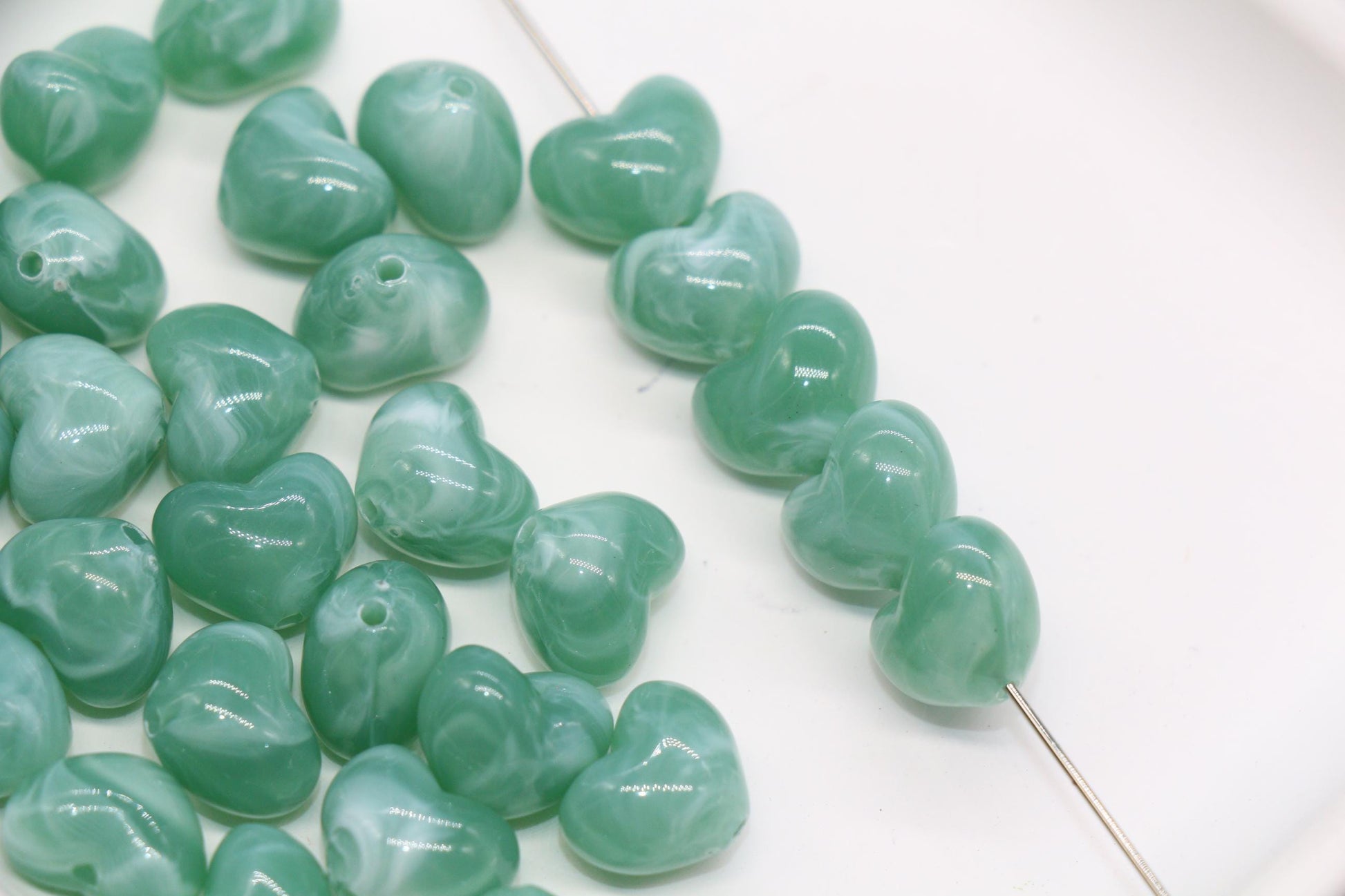 12mm Sage Green Marbled Heart Beads, Jewelry Making Supplies #3902