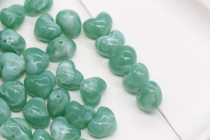 12mm Sage Green Marbled Heart Beads, Jewelry Making Supplies #3902