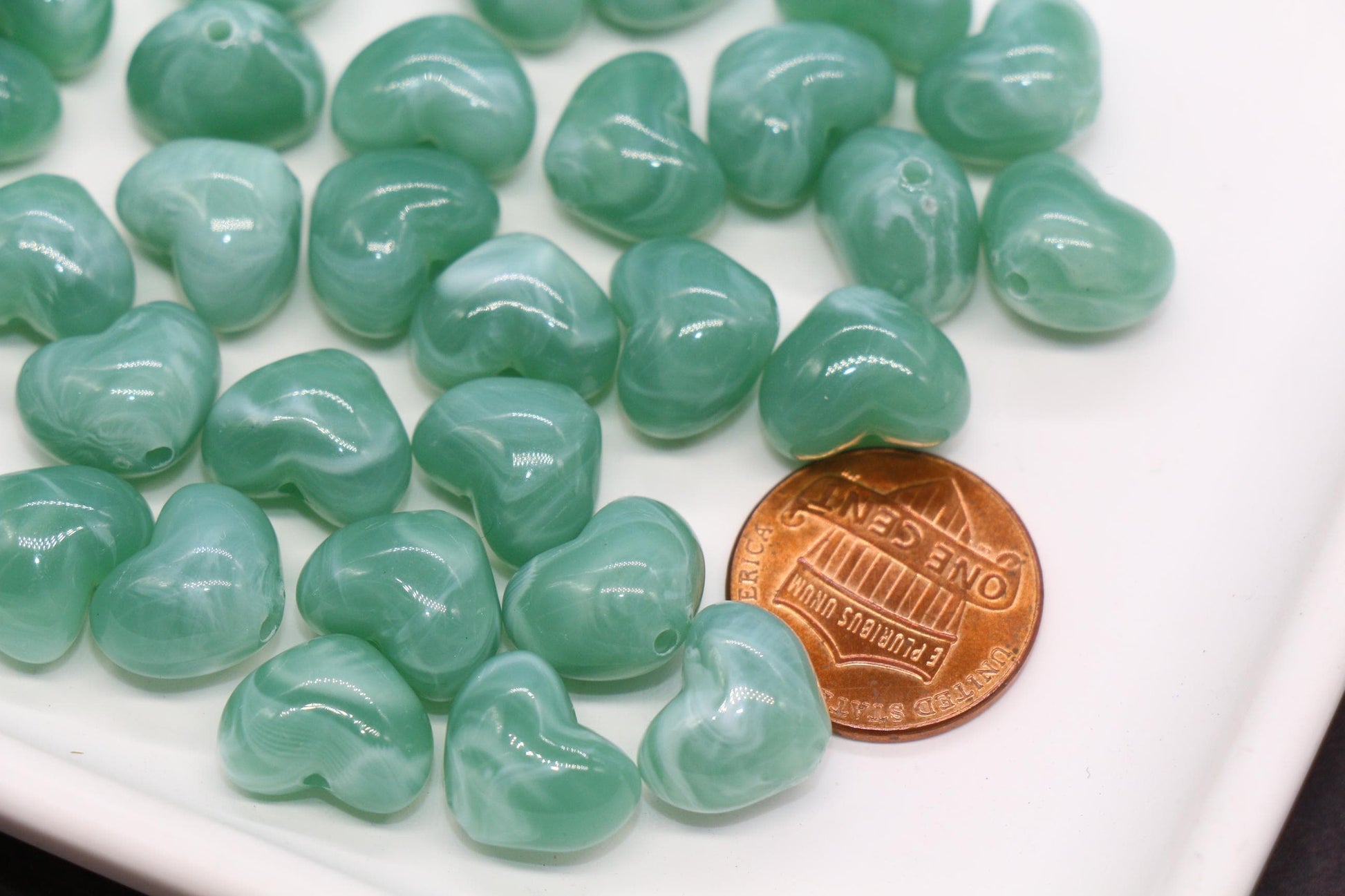12mm Sage Green Marbled Heart Beads, Jewelry Making Supplies #3902