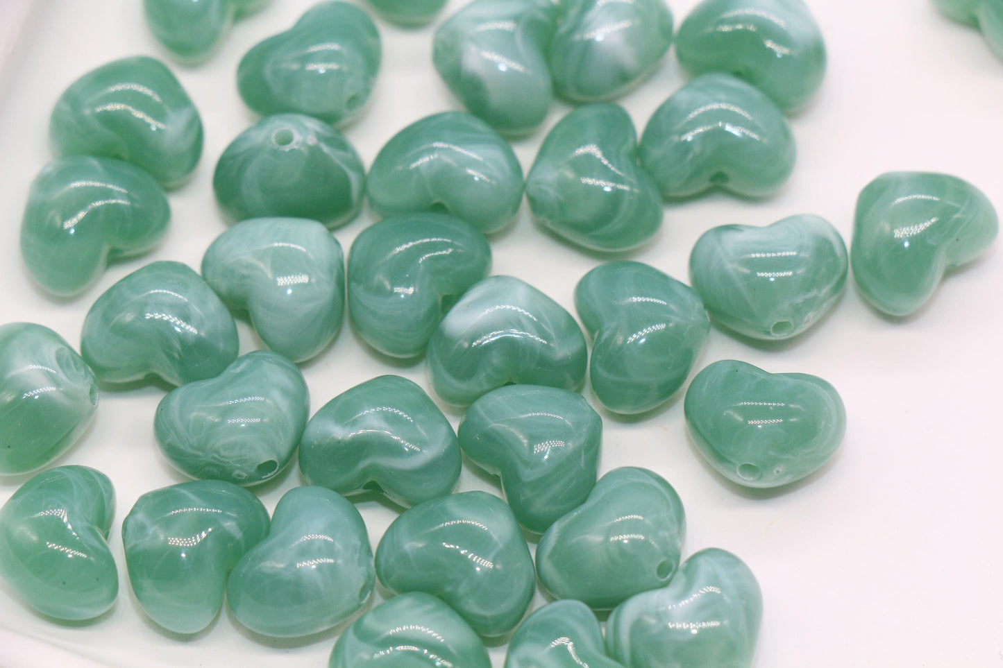 12mm Sage Green Marbled Heart Beads, Jewelry Making Supplies #3902