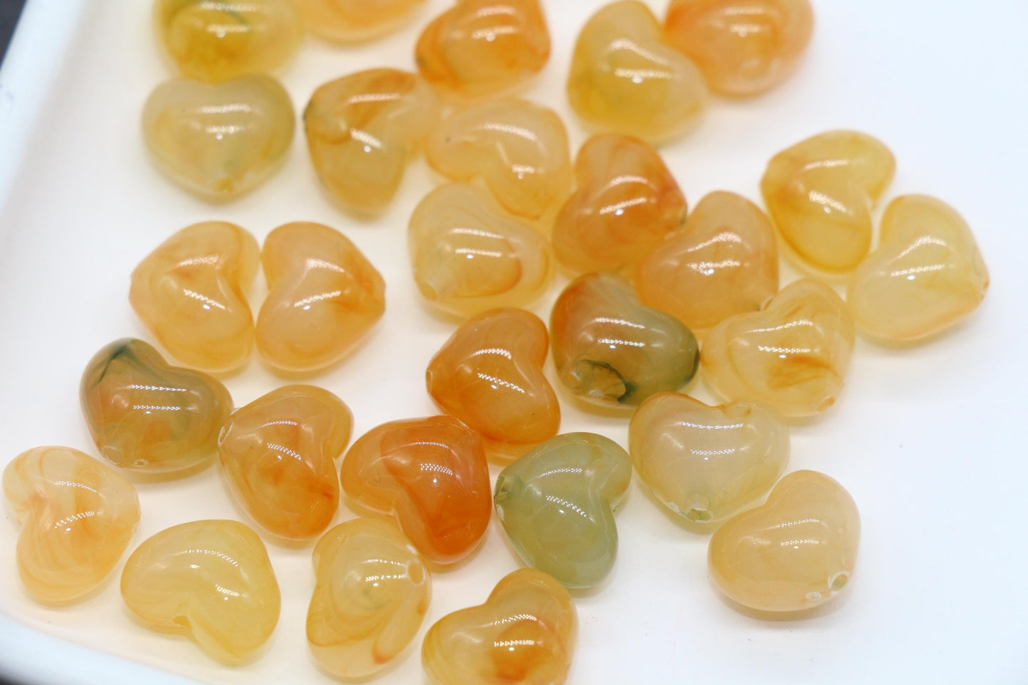 12mm Honey Amber Marbled Heart Beads, Jewelry Making Supplies #3906