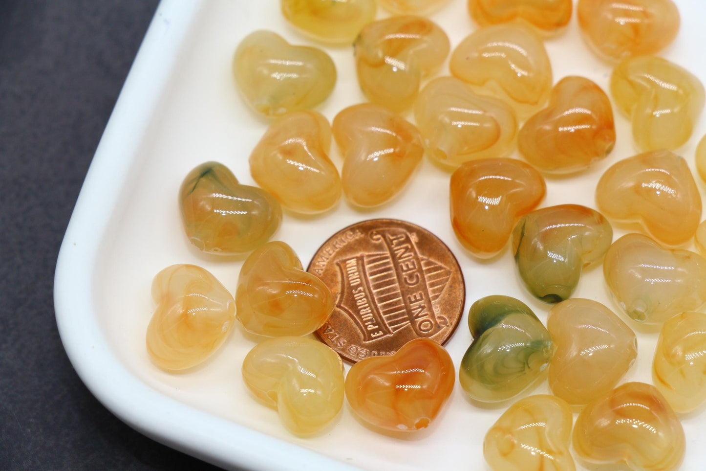 12mm Honey Amber Marbled Heart Beads, Jewelry Making Supplies #3906