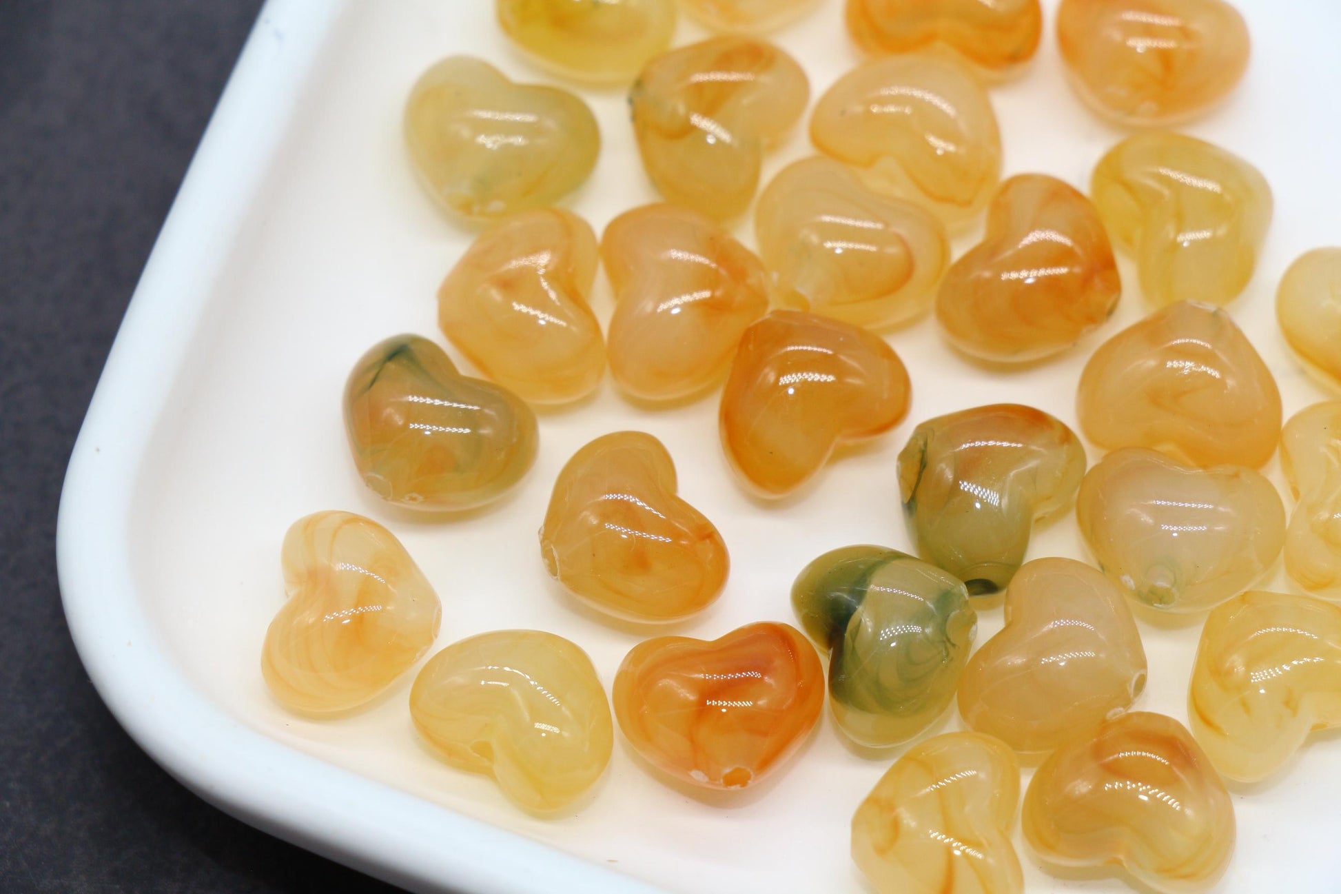 12mm Honey Amber Marbled Heart Beads, Jewelry Making Supplies #3906