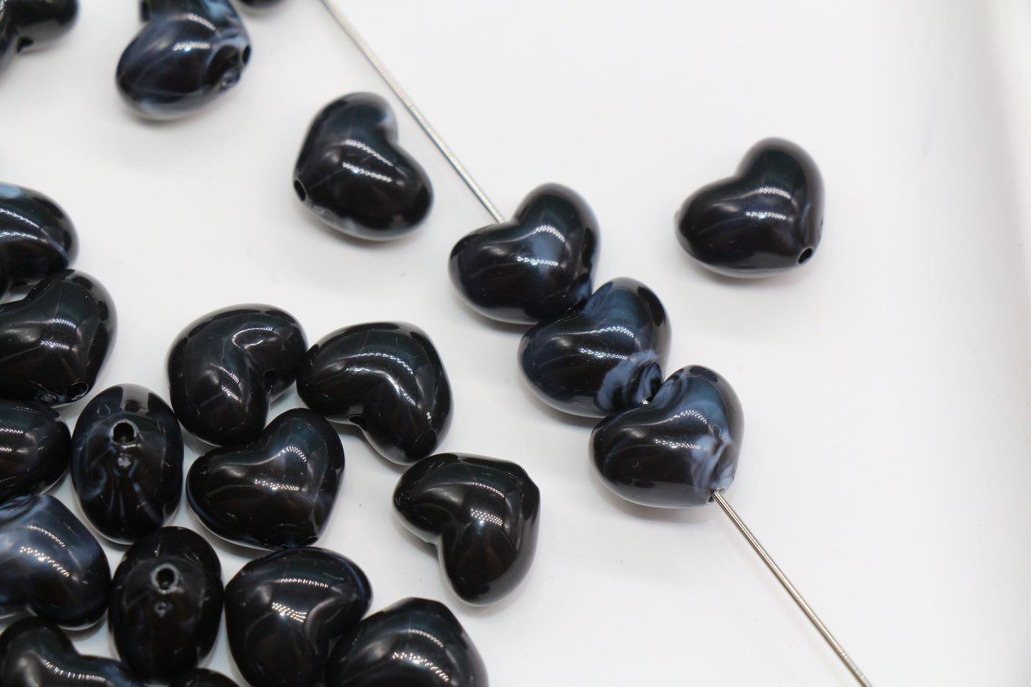 12mm Black Marble Heart Beads, Jewelry Making Supplies #3914