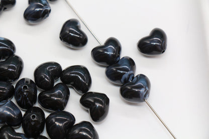 12mm Black Marble Heart Beads, Jewelry Making Supplies #3914