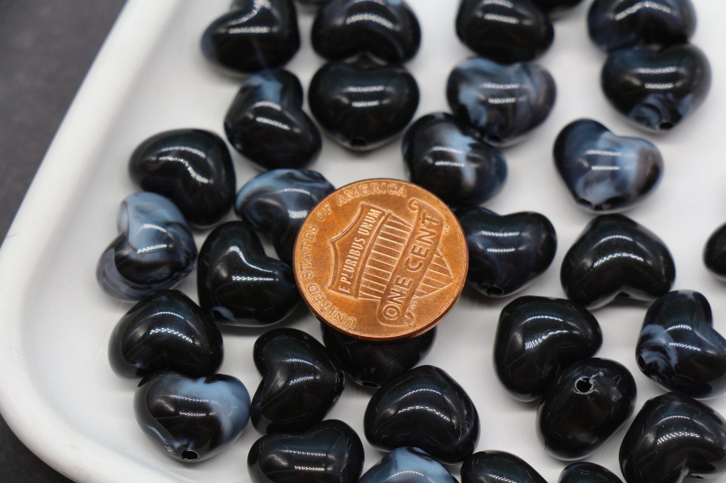 12mm Black Marble Heart Beads, Jewelry Making Supplies #3914
