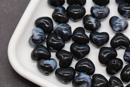 12mm Black Marble Heart Beads, Jewelry Making Supplies #3914
