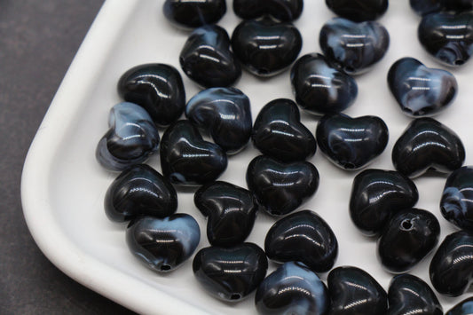 12mm Black Marble Heart Beads, Jewelry Making Supplies #3914