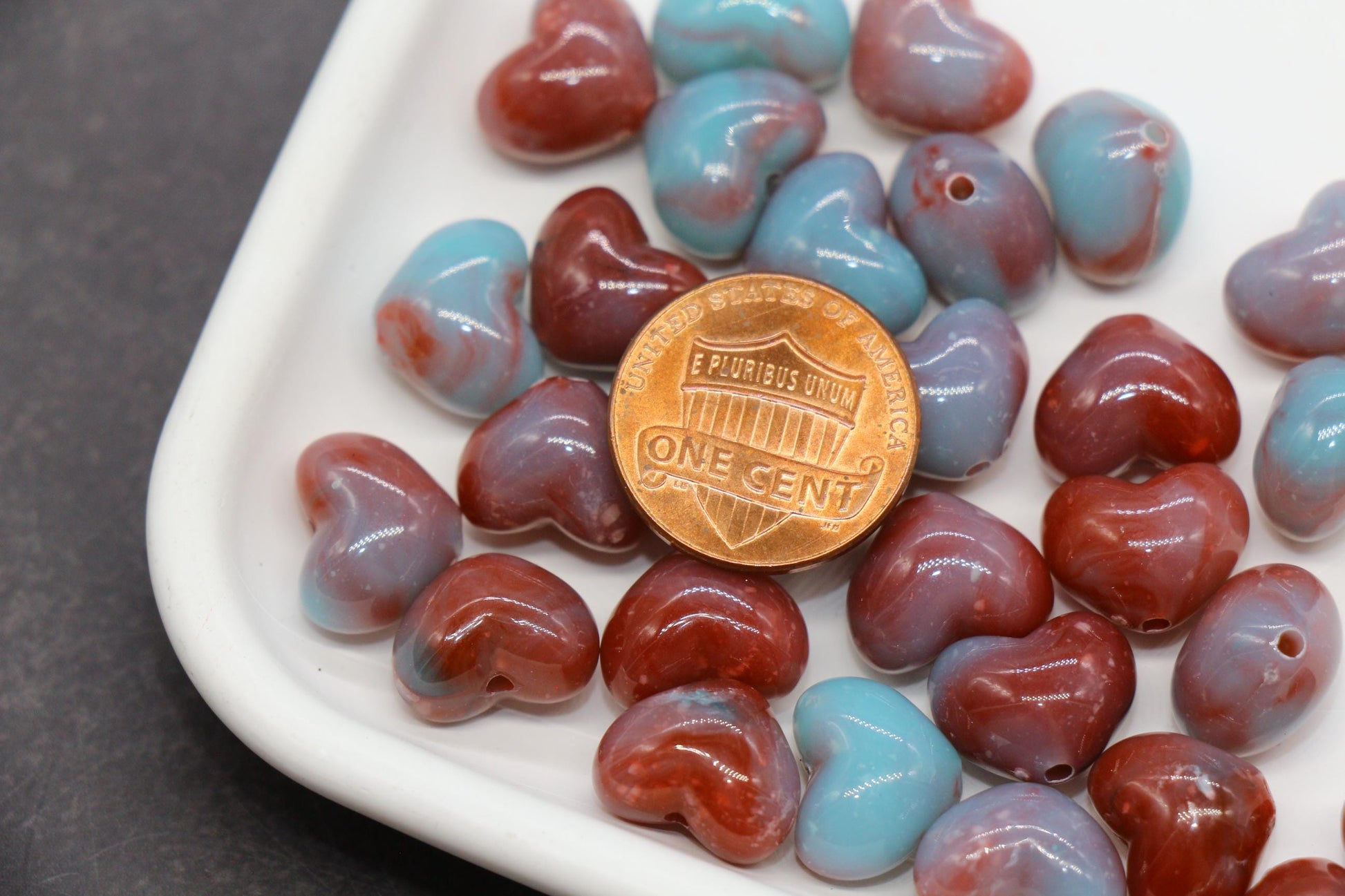 12mm Burgundy Teal Heart Beads, Jewelry Making Supplies #3911