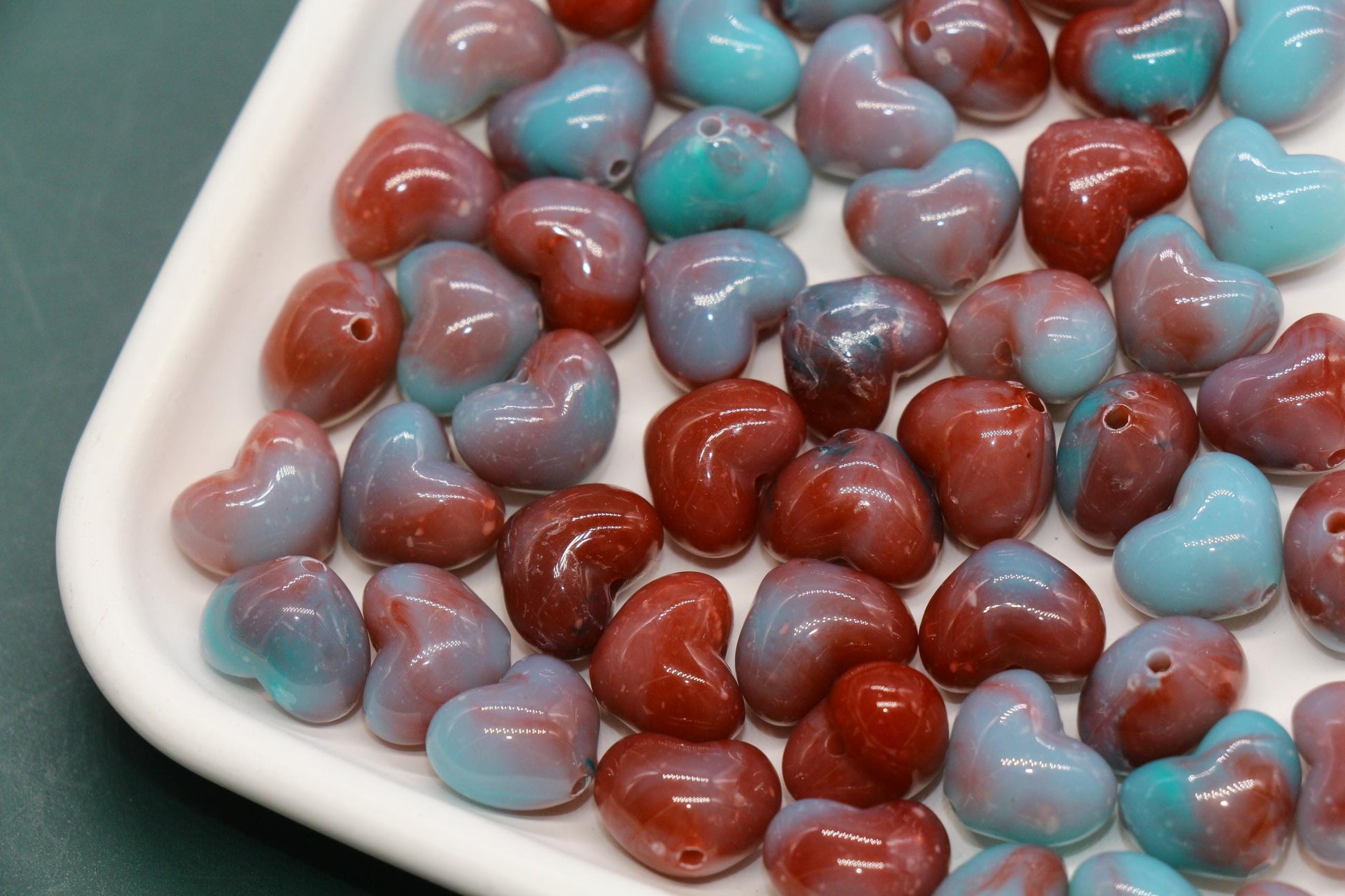 12mm Burgundy Teal Heart Beads, Jewelry Making Supplies #3911