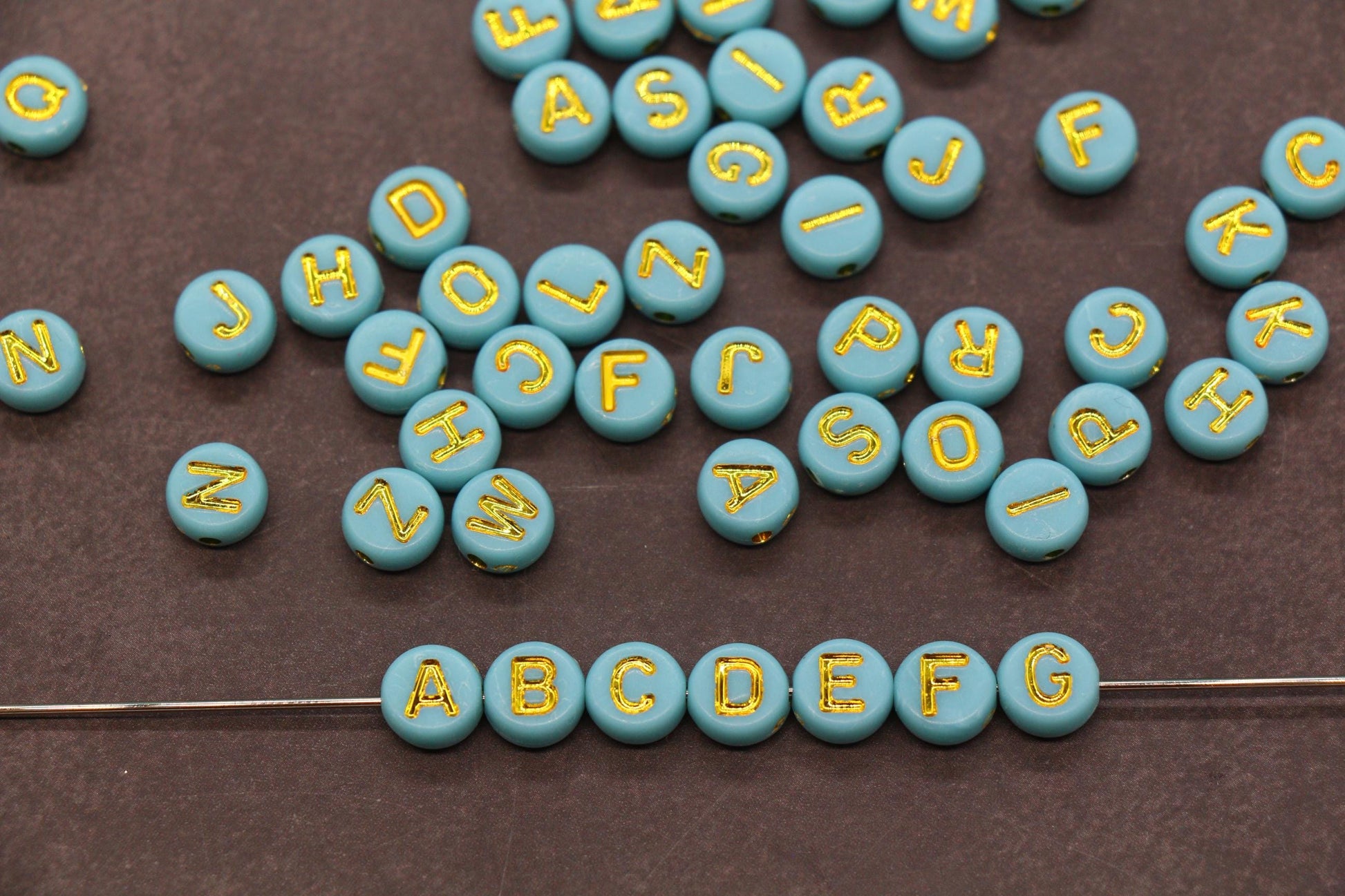 7mm Turquoise Letter Beads, Gold Alphabet Beads, Name Beads Jewelry Making #3743