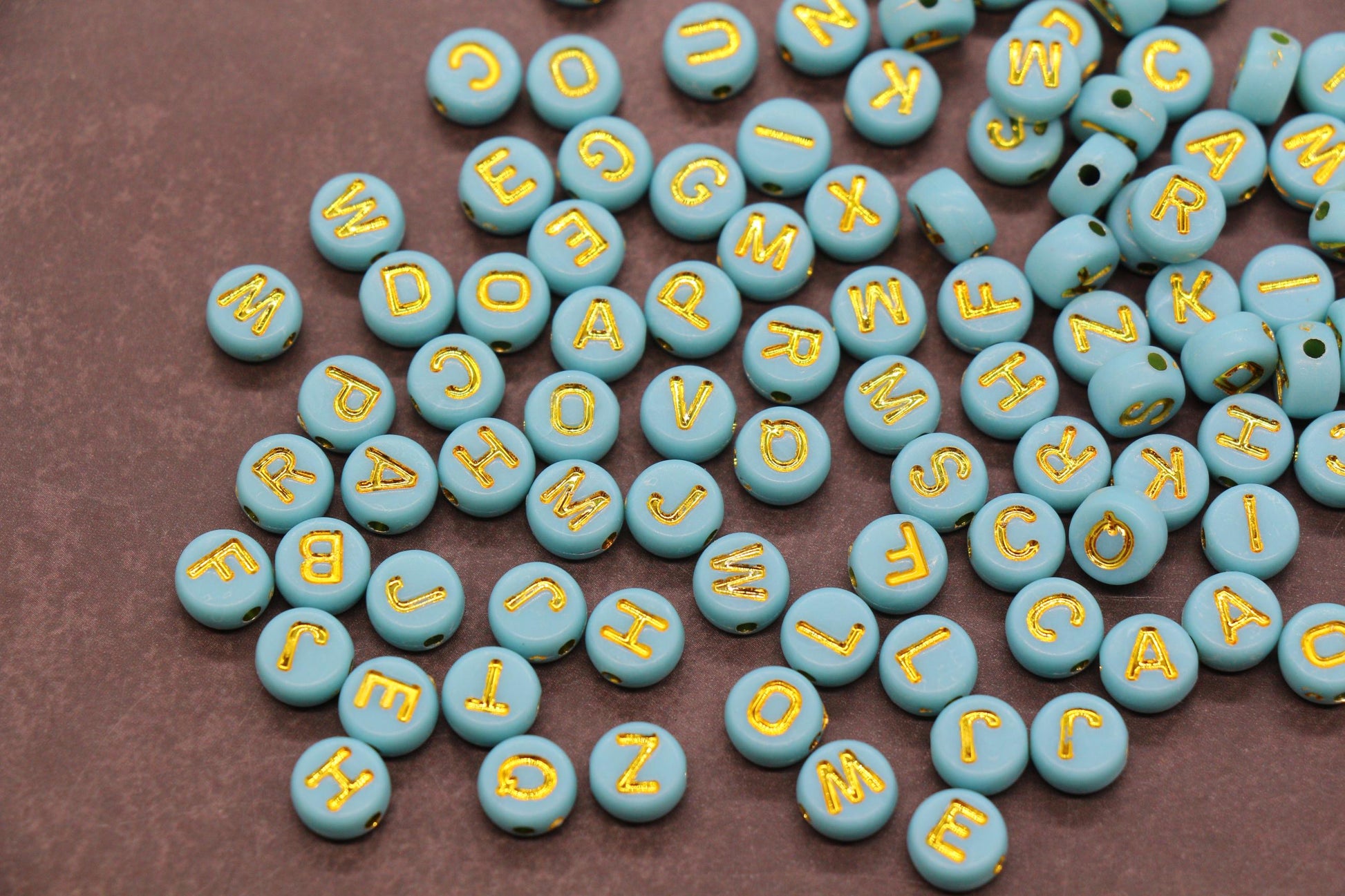 7mm Turquoise Letter Beads, Gold Alphabet Beads, Name Beads Jewelry Making #3743