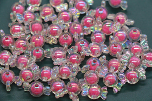 16mm Iridescent Candy Beads, Hot Pink Aurora AB Plastic Beads #3921