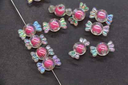 16mm Iridescent Candy Beads, Hot Pink Aurora AB Plastic Beads #3921
