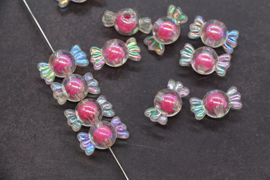 16mm Iridescent Candy Beads, Hot Pink Aurora AB Plastic Beads #3921