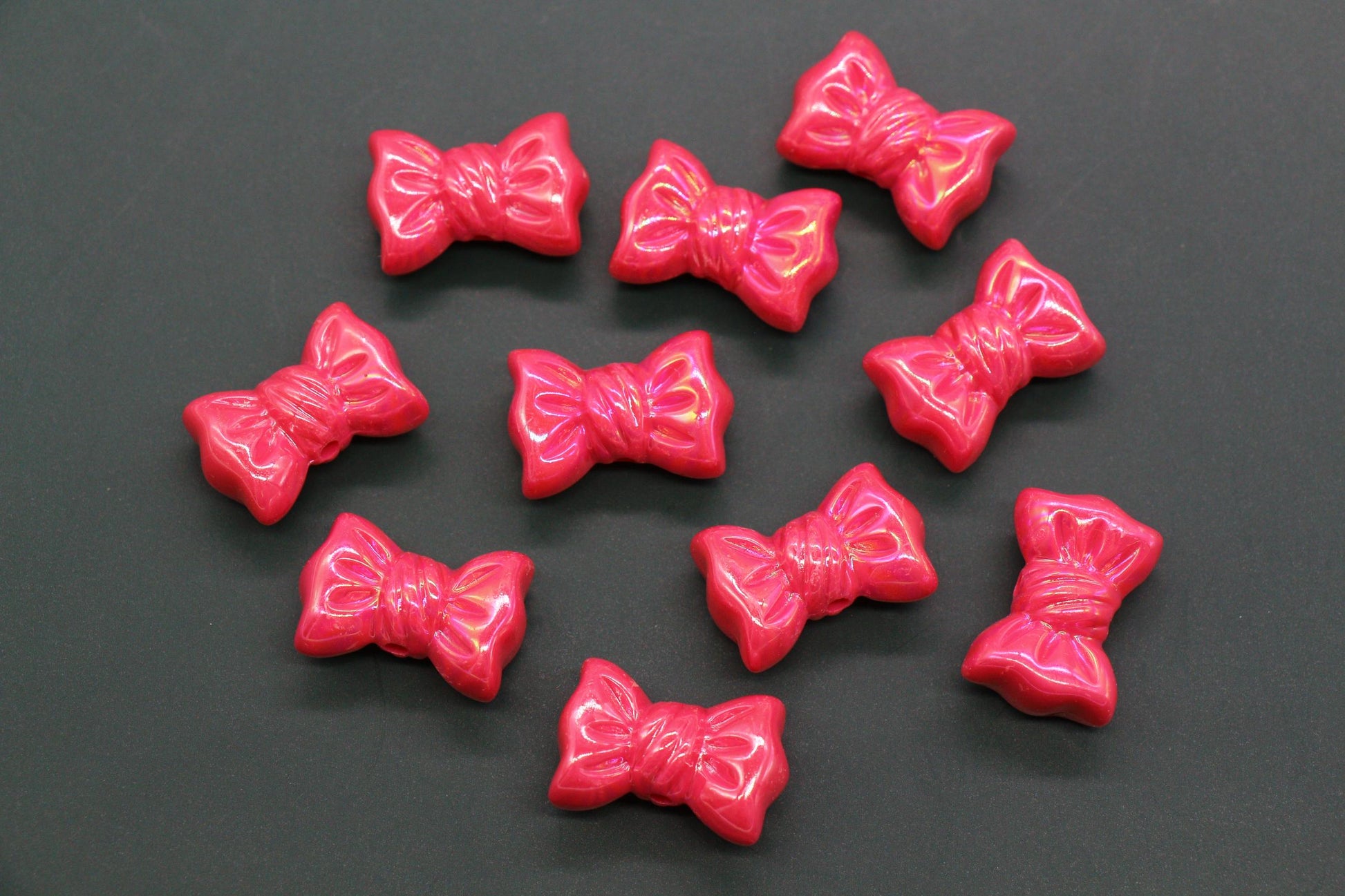 Iridescent Large Bow Beads, Hot Pink Aurora AB Plastic Bow Beads #3521
