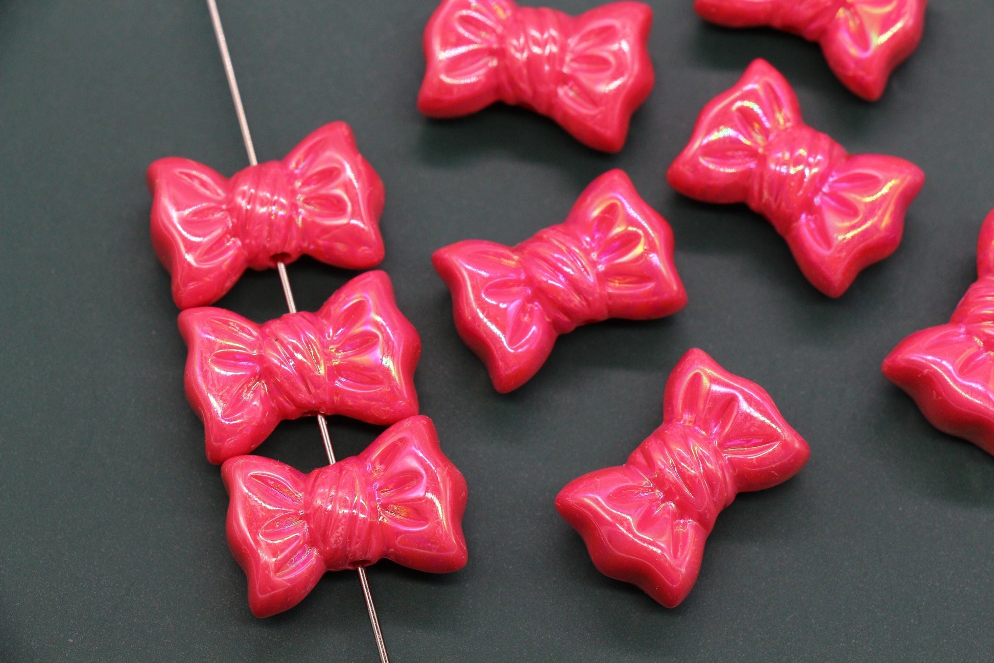 Iridescent Large Bow Beads, Hot Pink Aurora AB Plastic Bow Beads #3521