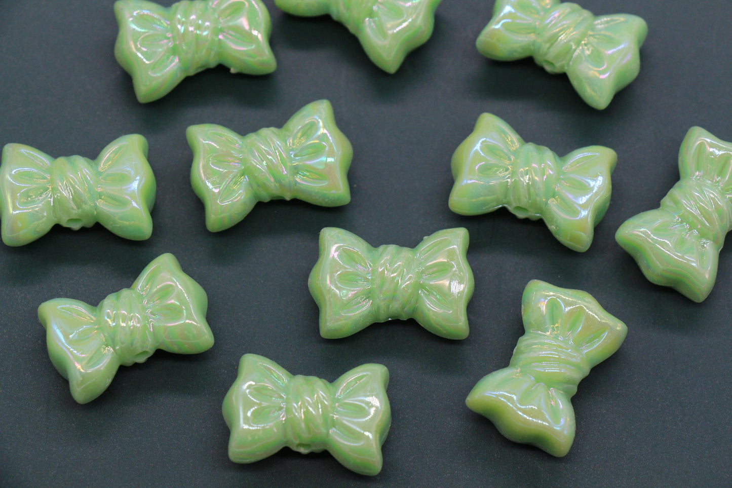 Iridescent Large Bow Beads, Mint Green Aurora AB Plastic Bow Beads #3524