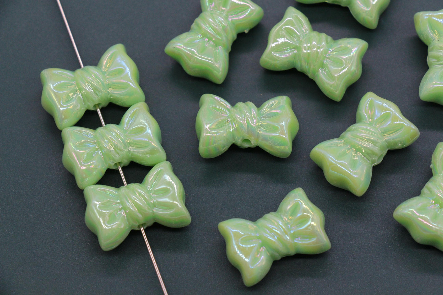 Iridescent Large Bow Beads, Mint Green Aurora AB Plastic Bow Beads #3524