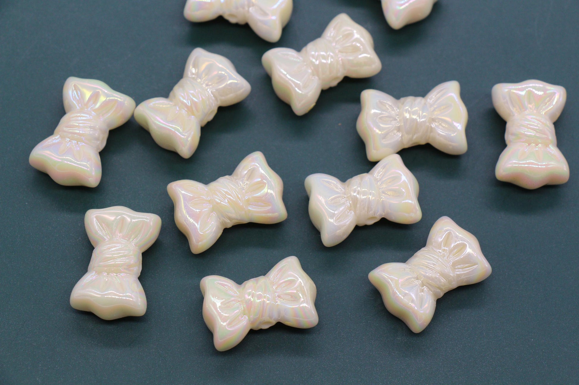 Iridescent Large Bow Beads, Pearl White Aurora AB Plastic Bow Beads #3528