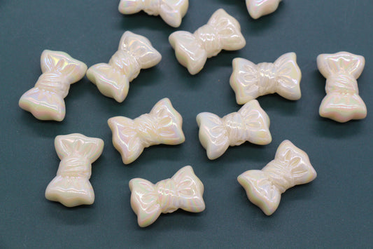 Iridescent Large Bow Beads, Pearl White Aurora AB Plastic Bow Beads #3528