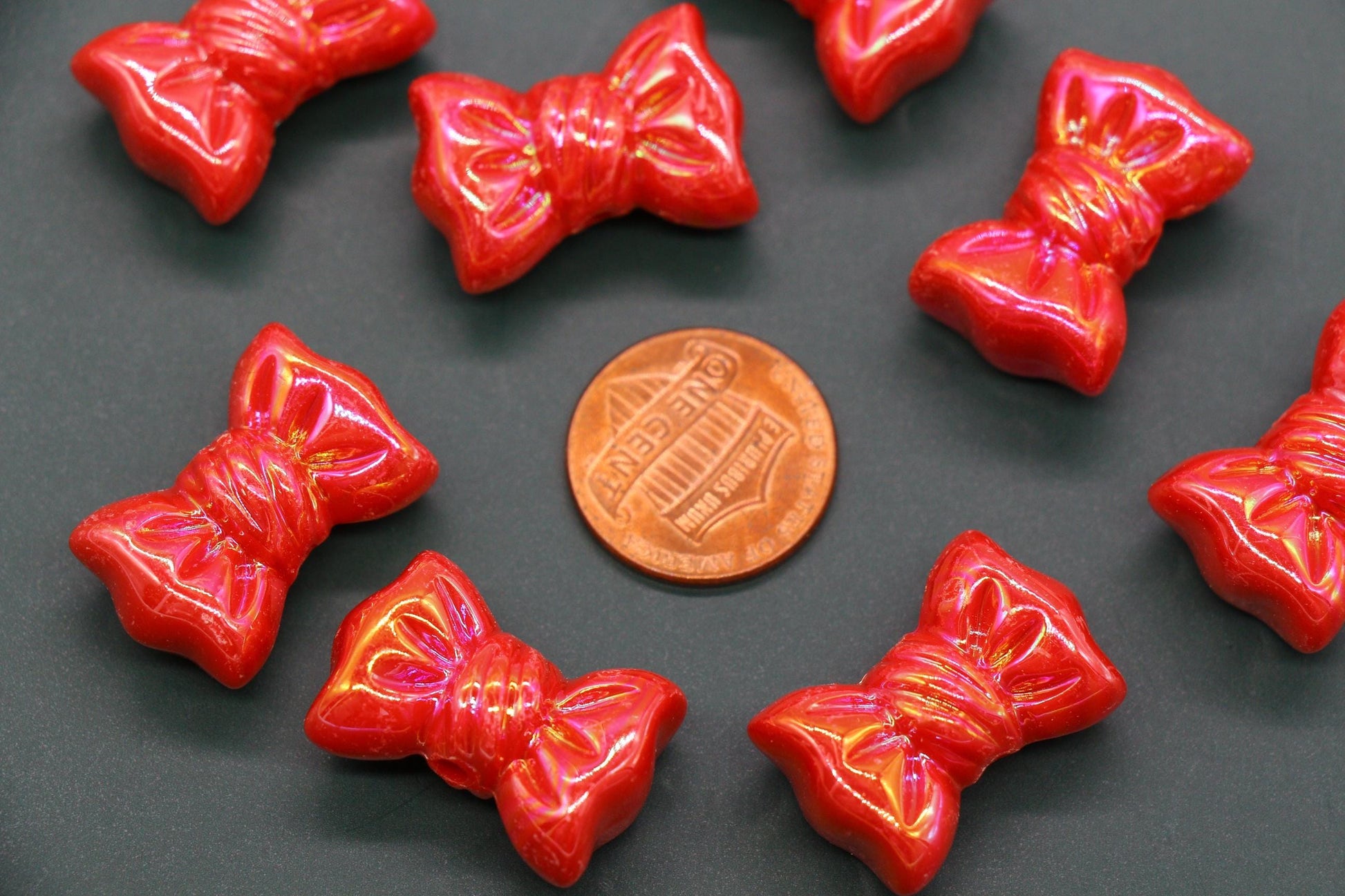 Iridescent Large Bow Beads, Red Aurora AB Plastic Bow Beads #3527