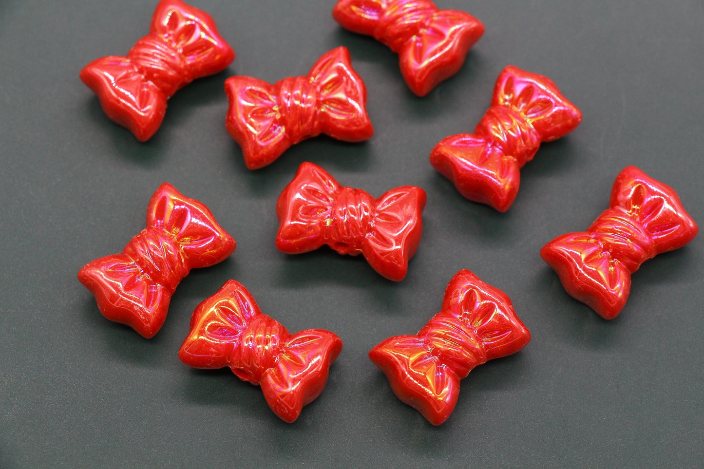 Iridescent Large Bow Beads, Red Aurora AB Plastic Bow Beads #3527