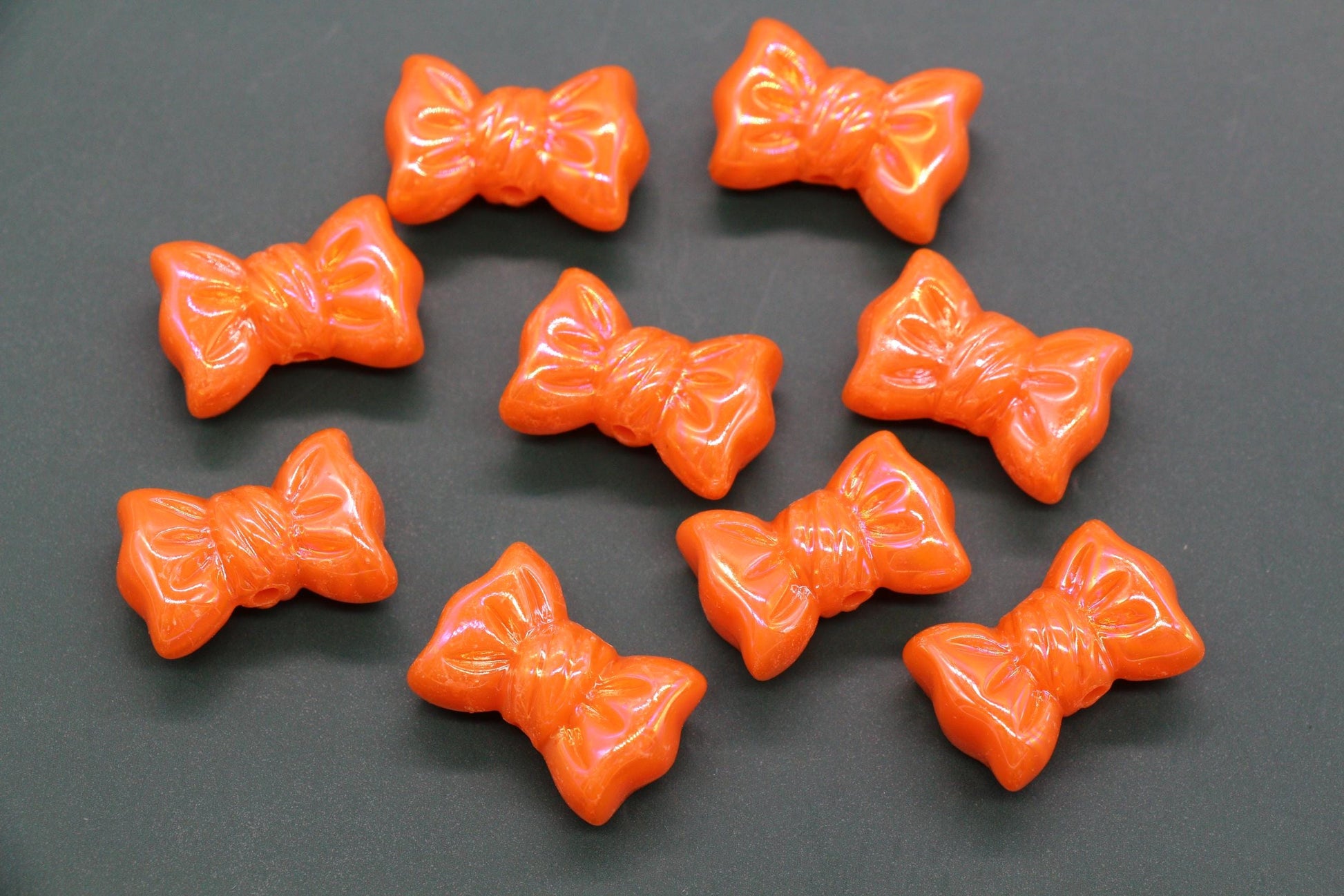 Iridescent Large Bow Beads, Orange Aurora AB Plastic Bow Beads #3526