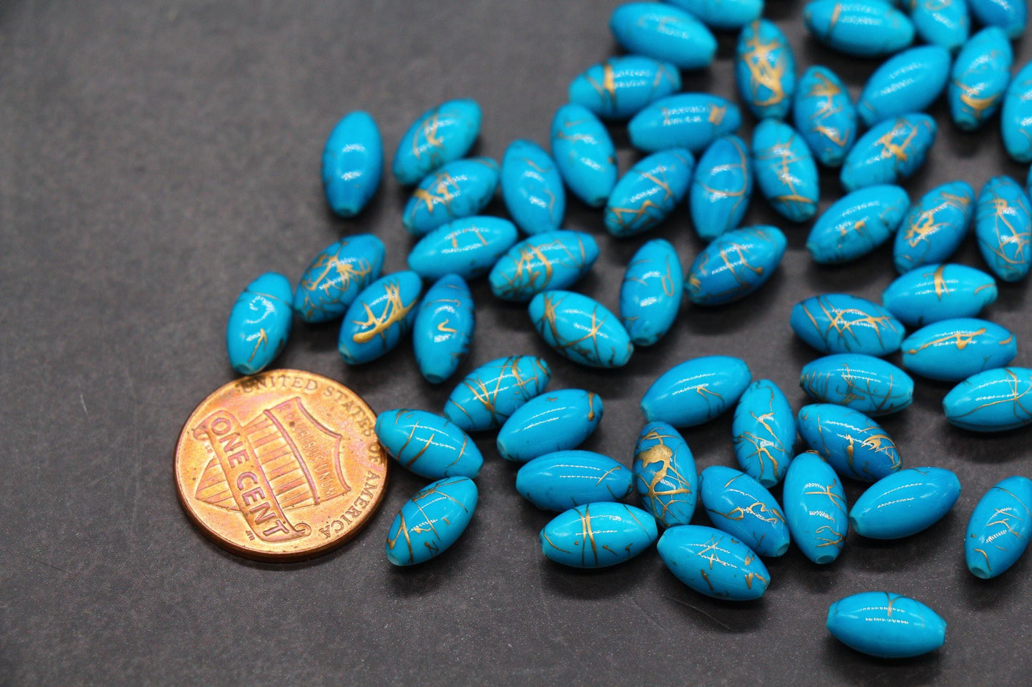 Blue Oval Beads with Gold Veins, Oval Spacer Beads for Jewelry Making #2910
