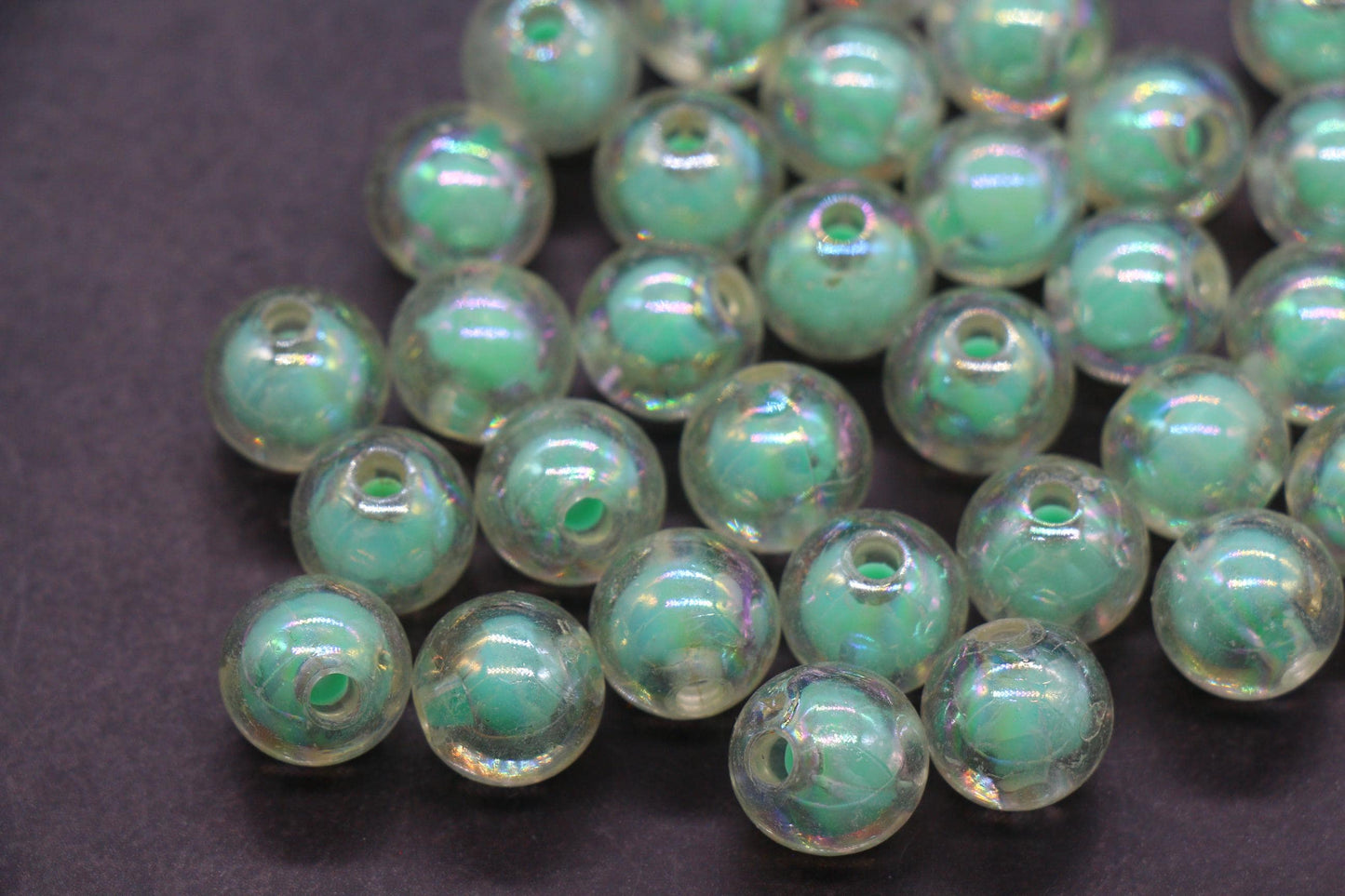 12mm Iridescent Gumball Beads, AB Clear Beads with Mint Green Core #2915