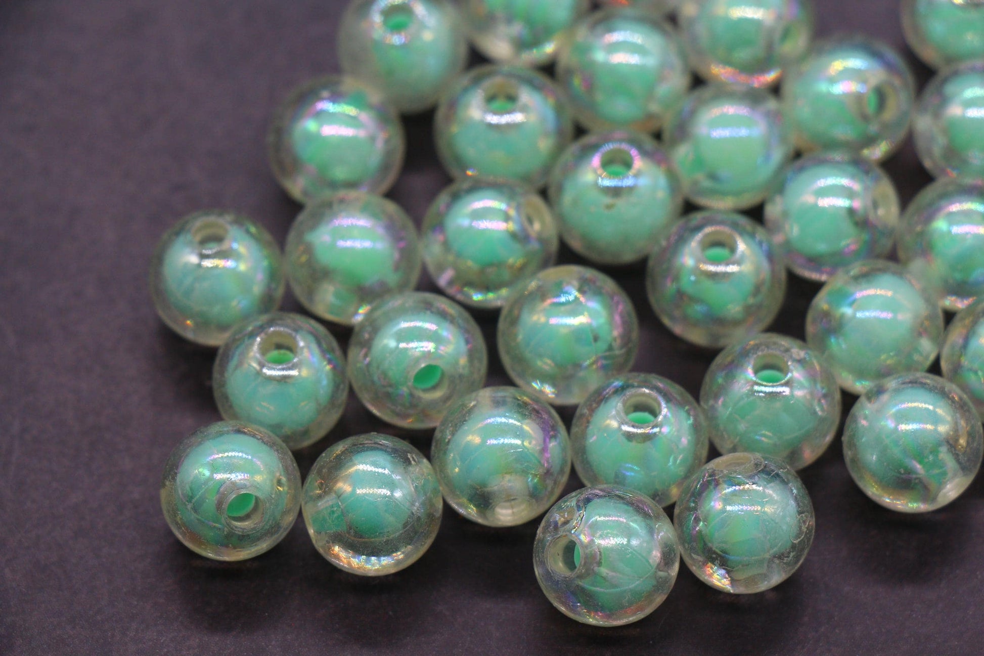 12mm Iridescent Gumball Beads, AB Clear Beads with Mint Green Core #2915
