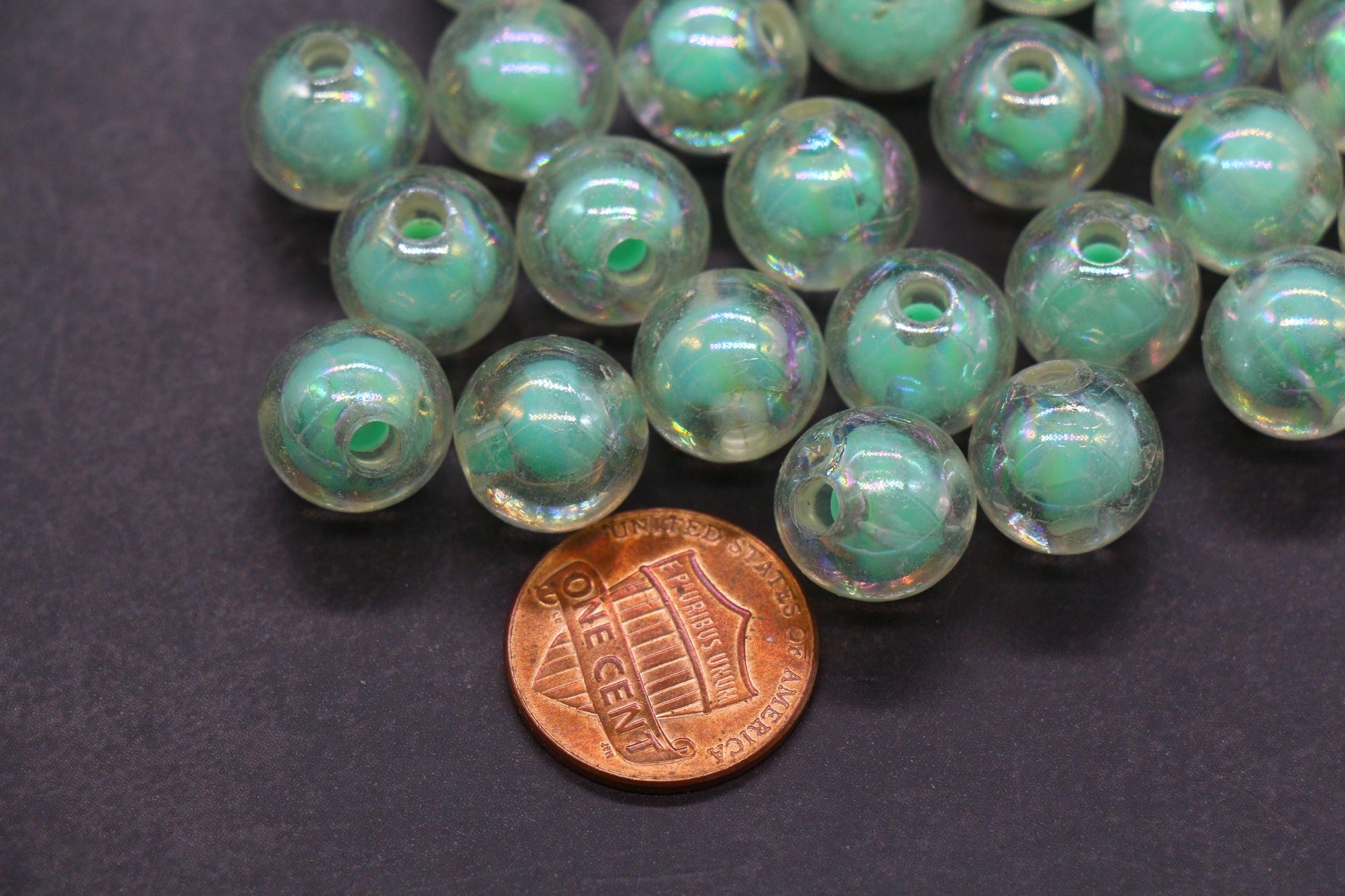 12mm Iridescent Gumball Beads, AB Clear Beads with Mint Green Core #2915