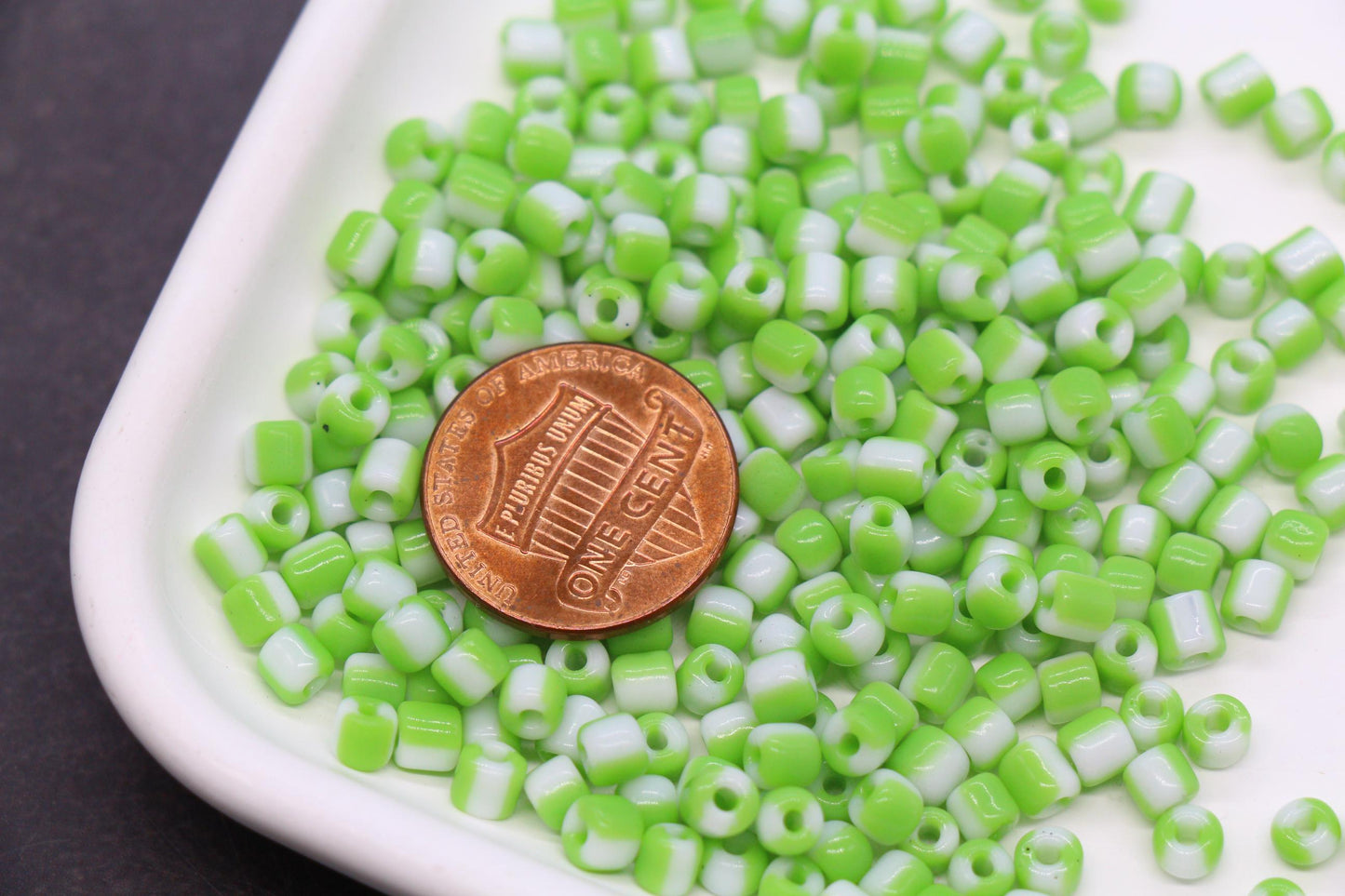 4mm Green & White Stripe Glass Beads, Glass Spacer Beads for Jewelry Making #3737