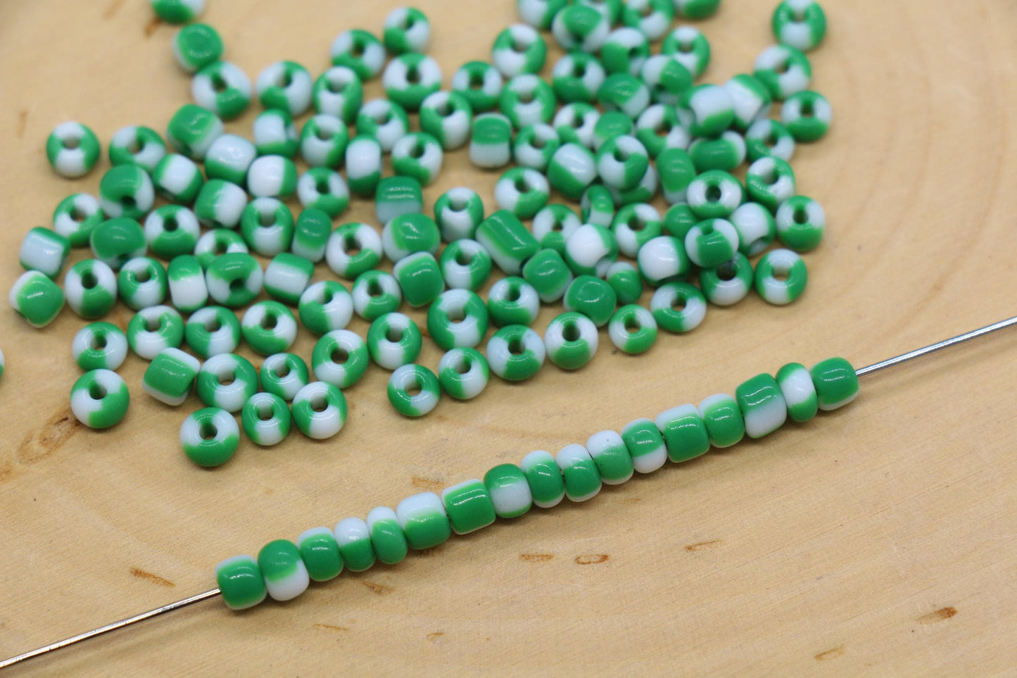 4mm Green & White Stripe Glass Beads, Glass Spacer Beads for Jewelry Making #3738