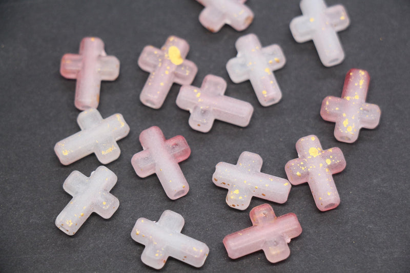 Matte Cross Beads with Gold Specks, Rose Mauve Ombre Frosted Acrylic Cross Beads #3751
